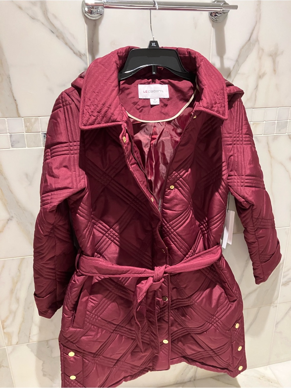 NWT Liz Claiborne Quilted Belted Coat in Burgundy medium
